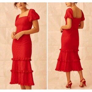 Keepsake The Label Red Higher Lace Babydoll Puff Sleeve Ruffle Midi Dress Lg